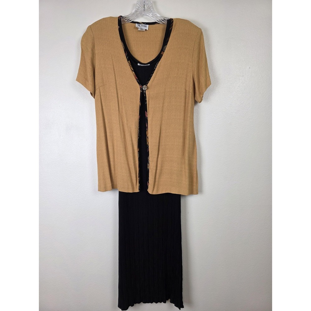K Studio Dress Womens 8 Black Tan Two Piece Maxi Jacket Set Pleated Textured Y2K